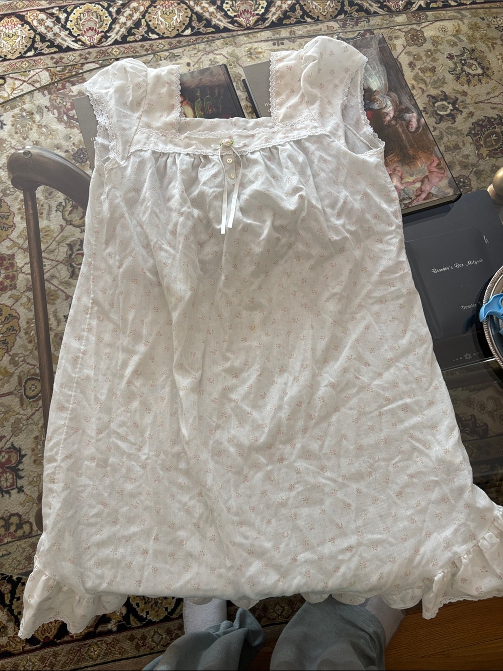Vintage Miss Elaine Cream-White Floral Cotton Nightgown with Pink Accents